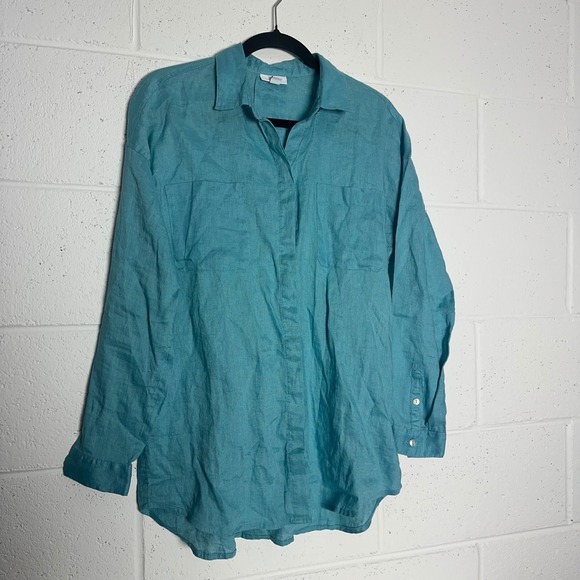 J. Jill Love Linen Teal Blue Button Down Shirt Long Sleeve Womens Small Pocket - Picture 2 of 4